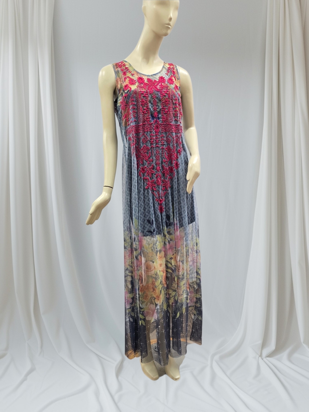 Johnny Was Navy Maxi Dress with Pink Embroidered Bodice